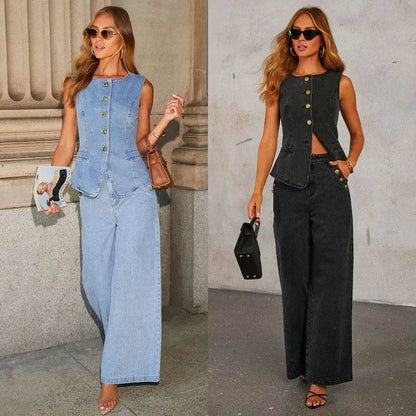 Fmxires Women's Retro Denim Vest & Wide-Leg Pants Set - Summer Style - Buy Center UK
