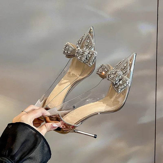 Women's Bow-Knot Rhinestone High Heels - Fashionable Silver Pumps - Buy Center UK