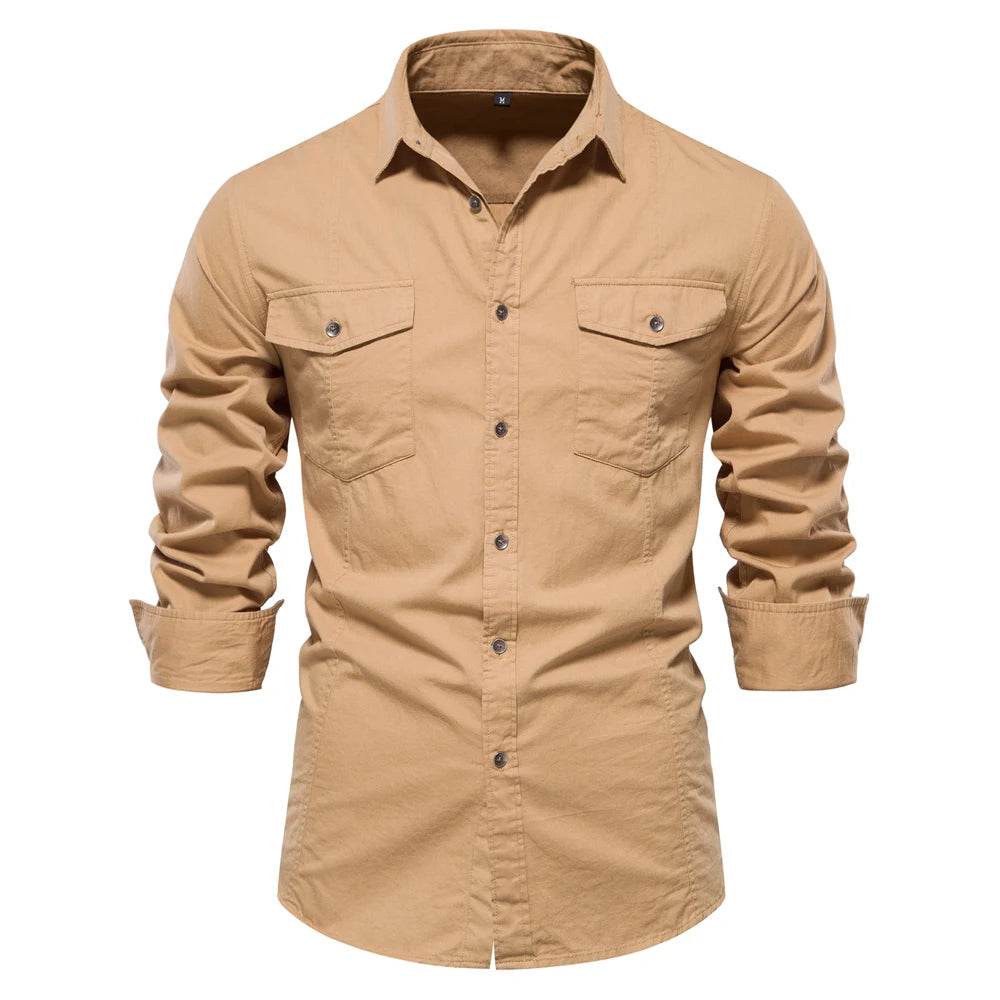 AIOPESON 2023 Men’s Military Style Pocket Shirt - 100% Cotton Slim Fit - Buy Center UK
