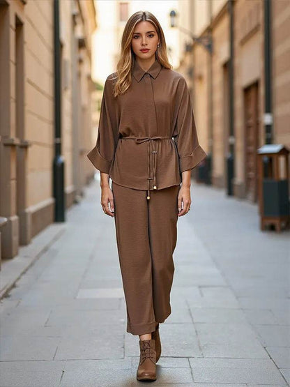 TRAFZA Women Kimono Blouse Pant Set - Lace-Up, Loose Fit Design - Buy Center UK