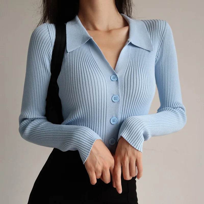 Buy Center Women's Autumn Cardigan - Stylish V-Neck Knitwear in Blue, White, Green - Buy Center UK