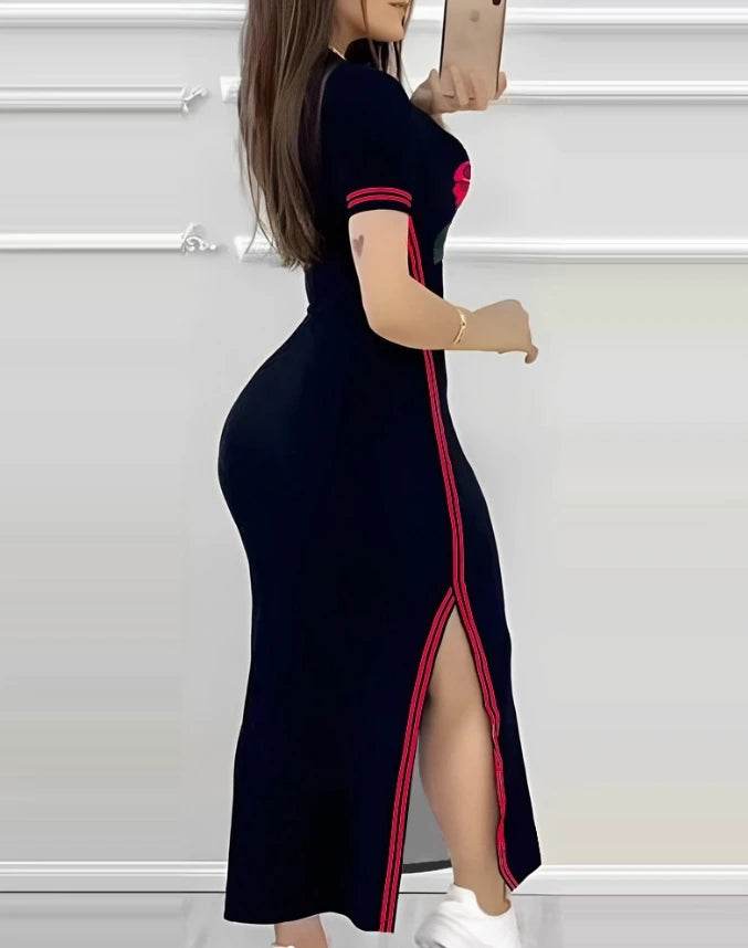 Buy Center Women's Summer A-Line Dress - Striped Rose Print & Side Slit - Buy Center UK