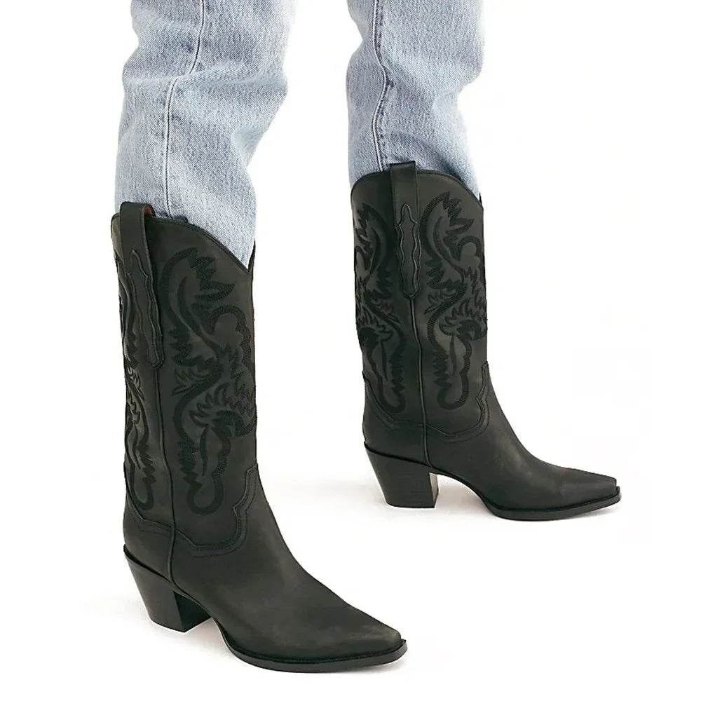 Buy Center Women's Embroidered Knee High Cowboy Boots - Chunky Heel - Buy Center UK