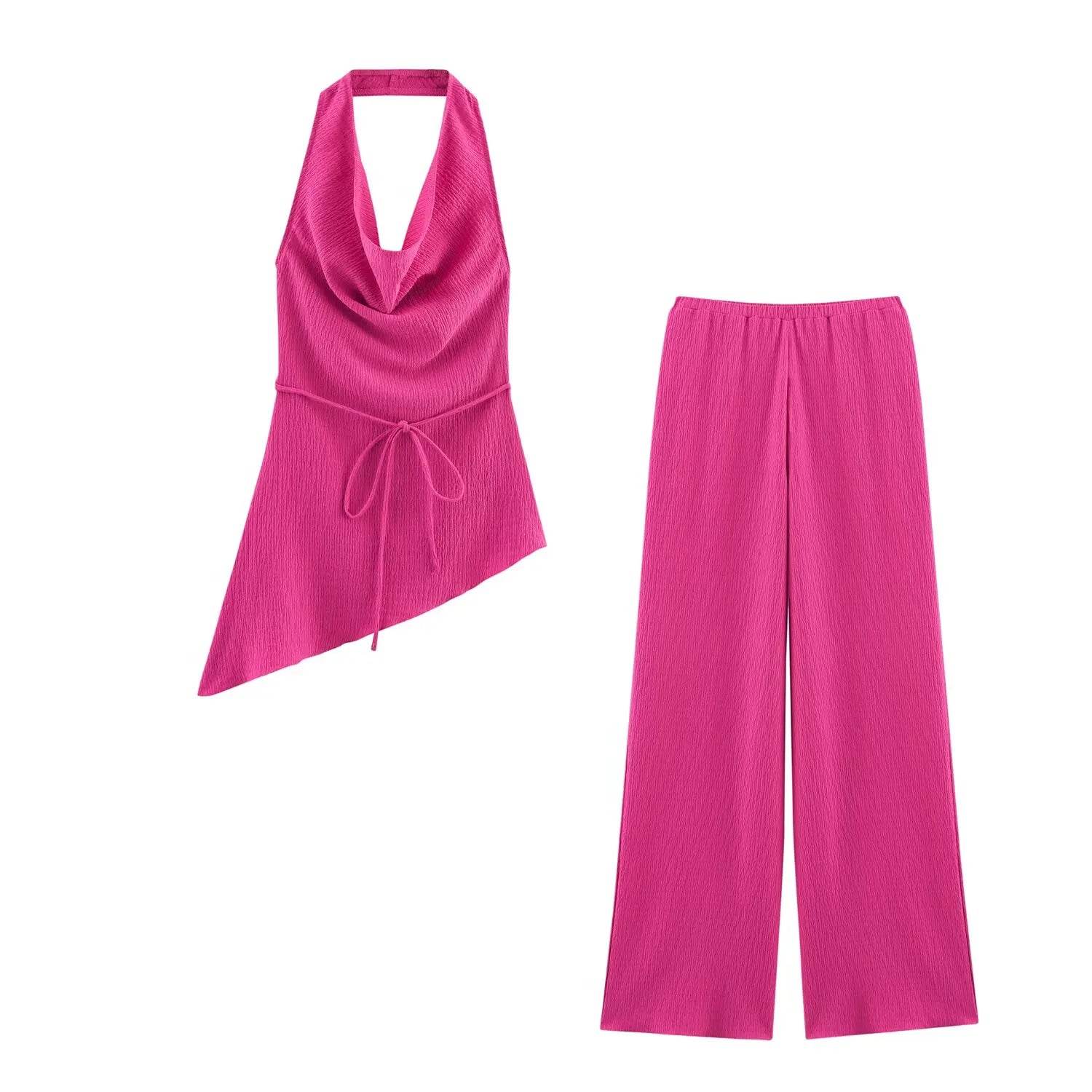 TFMLN Women Pant Sets - Asymmetrical Hem Lace-Up Top & Straight Pants - Buy Center UK