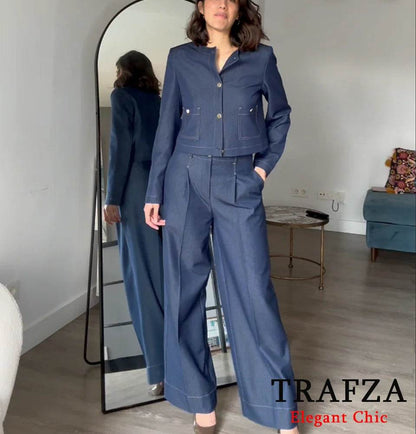 TRAFZA Women's Casual Jacket Set - O-Neck, Wide Leg Pants, Spring Style - Buy Center UK