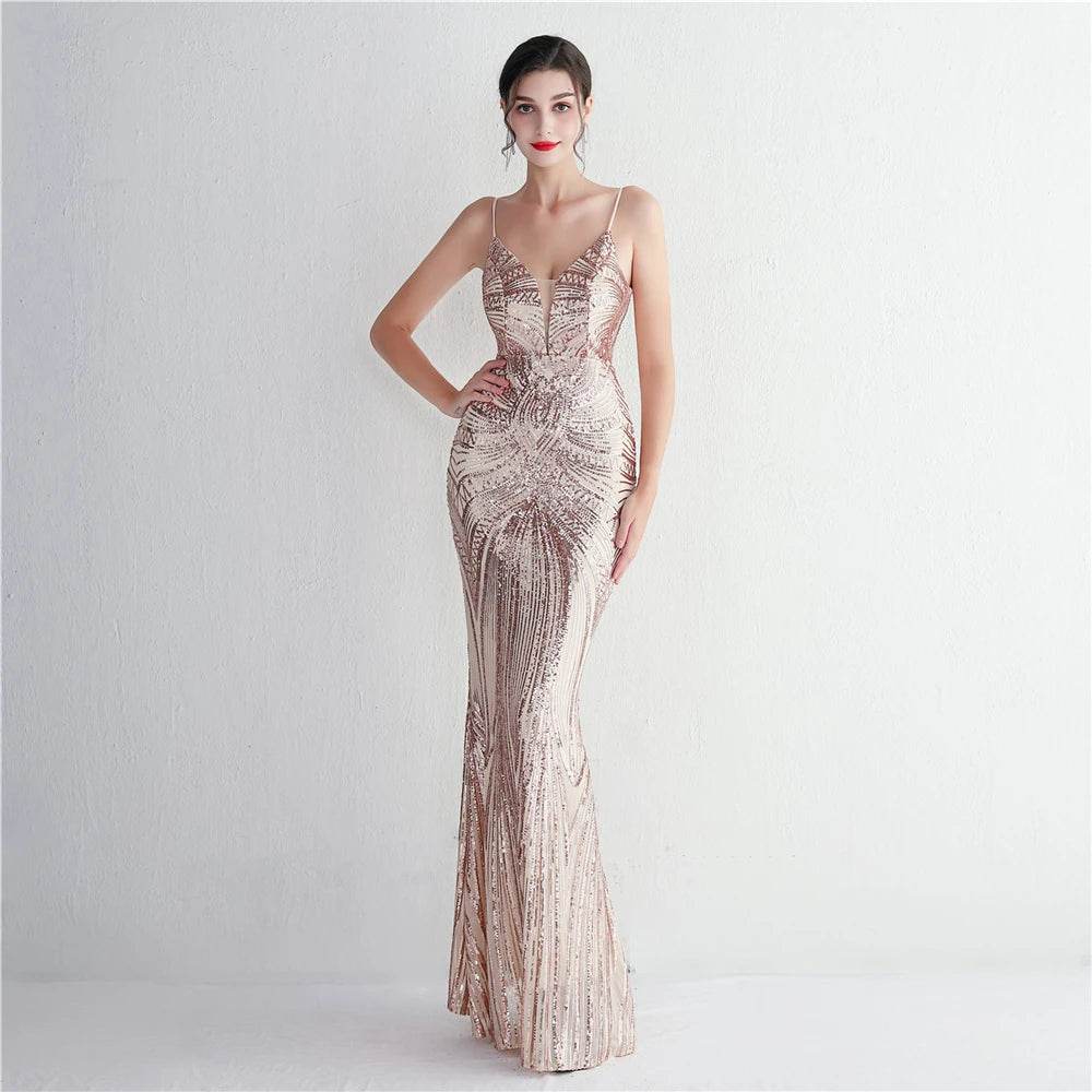 HBLL Sexy V Neck Maxi Dress - Purple Sequin Evening Gown for Parties - Buy Center UK