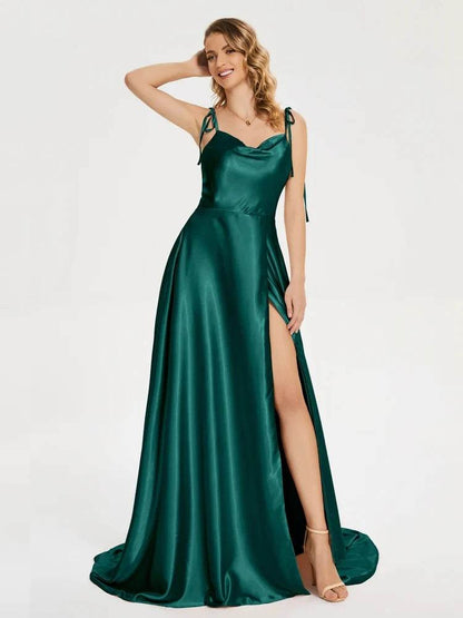2024 Satin Bridesmaid Dress - Cowl Neck, A-Line, Leg Slit Styles - Buy Center UK