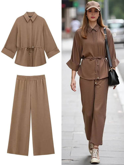 TRAFZA Women Kimono Blouse Pant Set - Lace-Up, Loose Fit Design - Buy Center UK