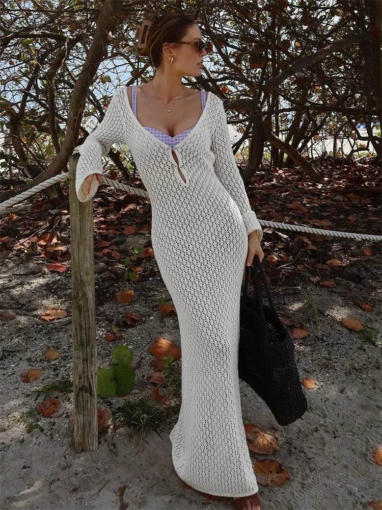 BWQ White Knit Maxi Dress - See-Through V-Neck Beach Cover Up - Buy Center UK