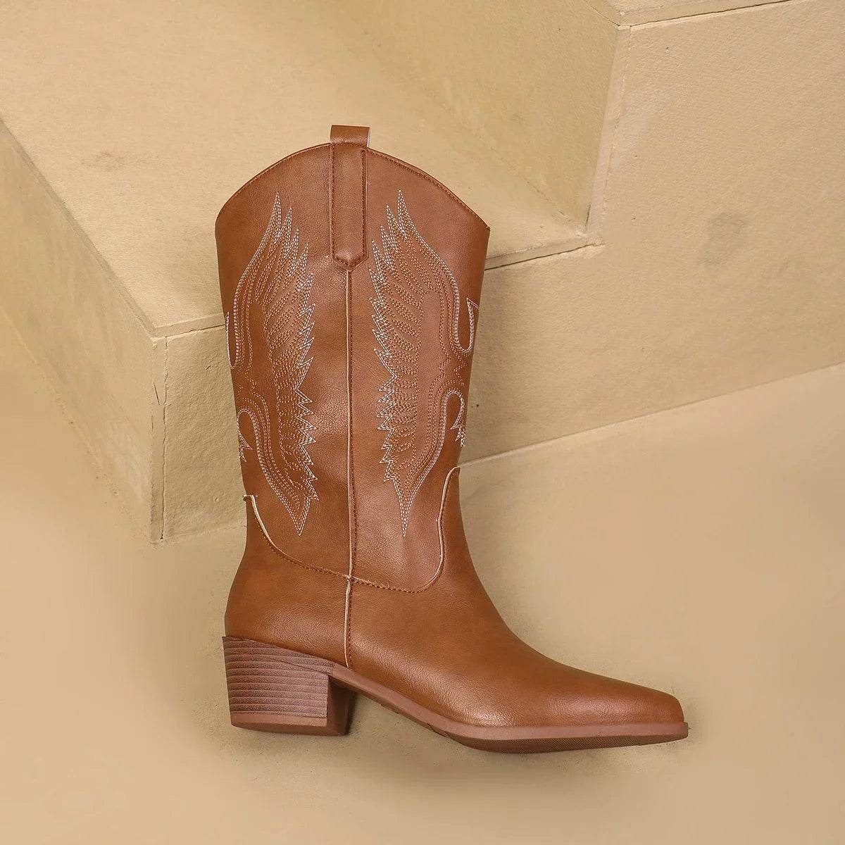 Buy Center Cowgirl High Knee Boots - Trendy Wedge Heels, Embroidery - Buy Center UK