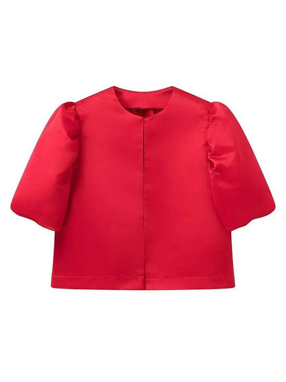 Buy Center Women's Solid Satin Blouse - Pouf Balloon Sleeves, Loose Fit - Buy Center UK
