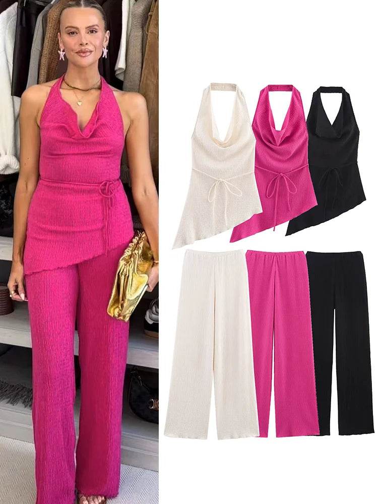 TFMLN Women Pant Sets - Asymmetrical Hem Lace-Up Top & Straight Pants - Buy Center UK