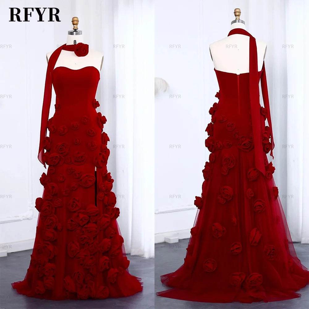 RFYR Pink Mermaid Prom Dress - 3D Flower Design, Side Slit Gown - Buy Center UK
