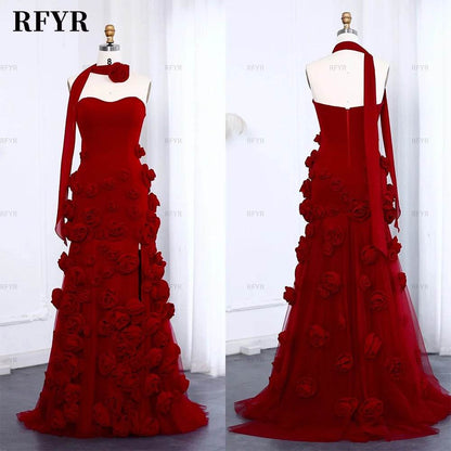 RFYR Pink Mermaid Prom Dress - 3D Flower Design, Side Slit Gown - Buy Center UK