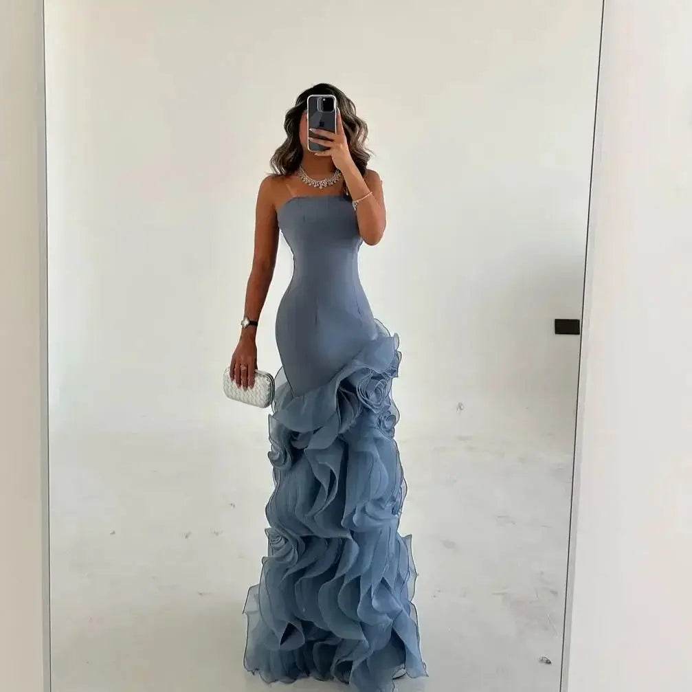 Strapless Mermaid Blue Evening Dress - Elegant Floor-Length Gown - Buy Center UK