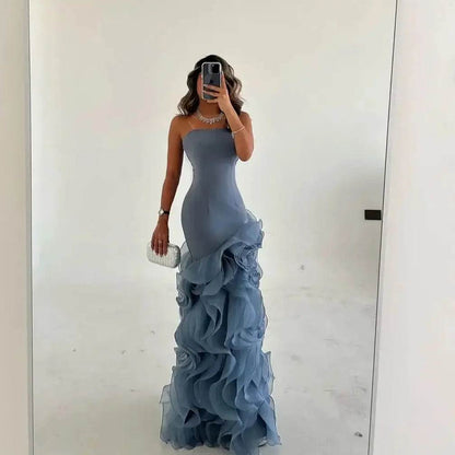 Strapless Mermaid Blue Evening Dress - Elegant Floor-Length Gown - Buy Center UK