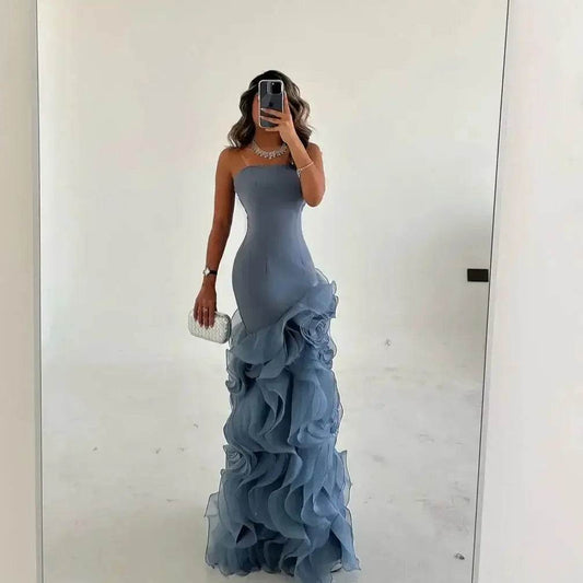 Strapless Mermaid Blue Evening Dress - Elegant Floor-Length Gown - Buy Center UK