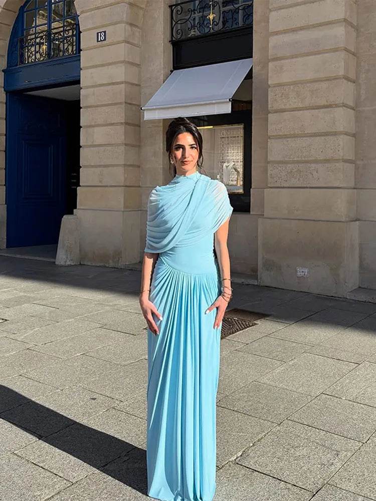 Buy Center Irregular Blue Pleated Long Dress - Elegant A-line Style - Buy Center UK