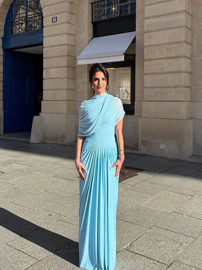 Buy Center Irregular Blue Pleated Long Dress - Elegant A-line Style - Buy Center UK