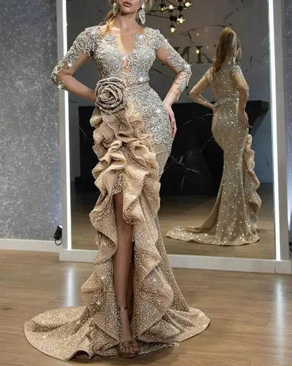 Buy Center Sexy Gold Bling Dress - Long Sleeve Lace & Sequin Elegance - Buy Center UK