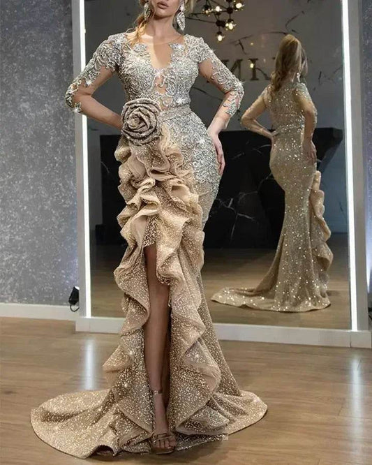 Buy Center Sexy Gold Bling Dress - Long Sleeve Lace & Sequin Elegance - Buy Center UK