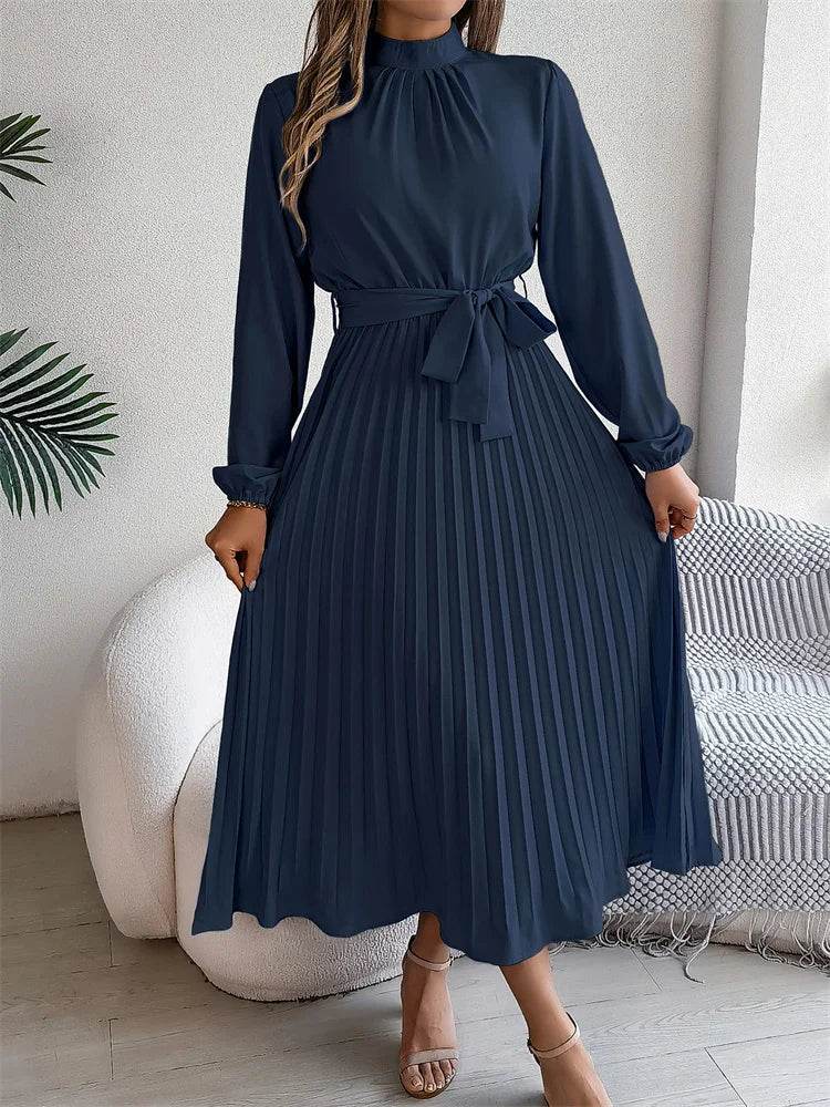 Msfilia Elegant Stand Collar Dress - Full Sleeve High Waist Design - Buy Center UK