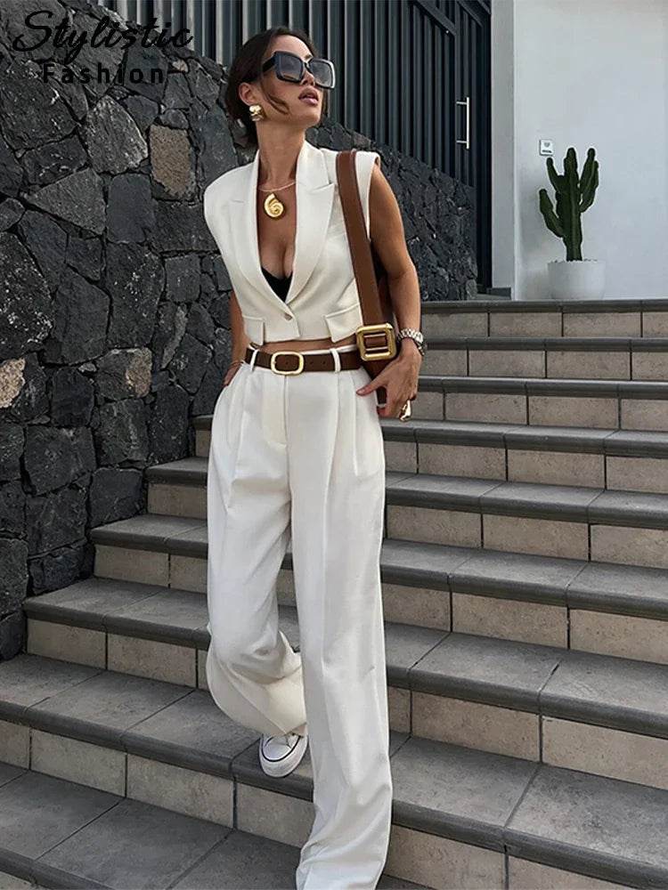Elegant Women's Vest Pant Set - V-Neck Sleeveless Top & Wide-Leg Pants - Buy Center UK