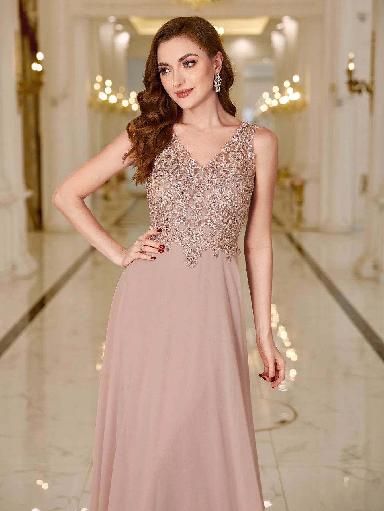 Elegant 3 Colors Evening Dress - V-Neck Lace Beaded Party Gown - Buy Center UK