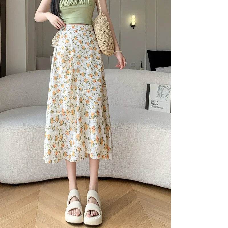 REALEFT Vintage Floral A-line Skirt - High Waist Midi Length - Buy Center UK