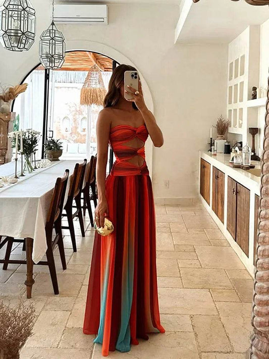 Buy Center Gradient Print Maxi Dress - Sexy Strapless Backless Style - Buy Center UK