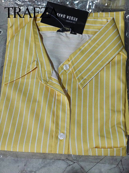TRAFZA 2024 Women’s Yellow Striped Pants Set - High Waist Style - Buy Center UK