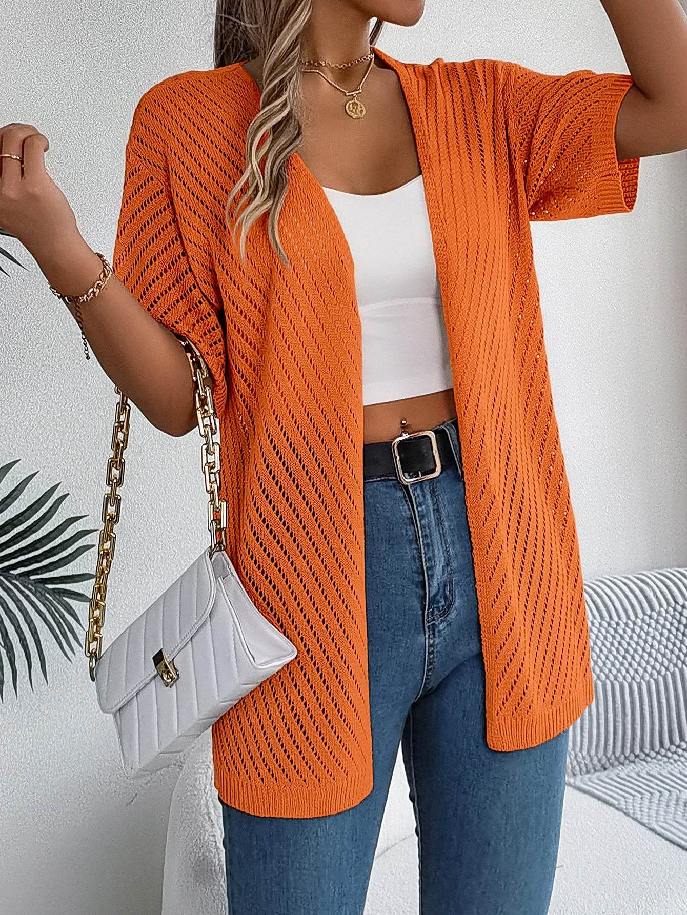 Buy Center Women's Casual Short Sleeve Knitted Cardigan - Lightweight Hollow Out - Buy Center UK