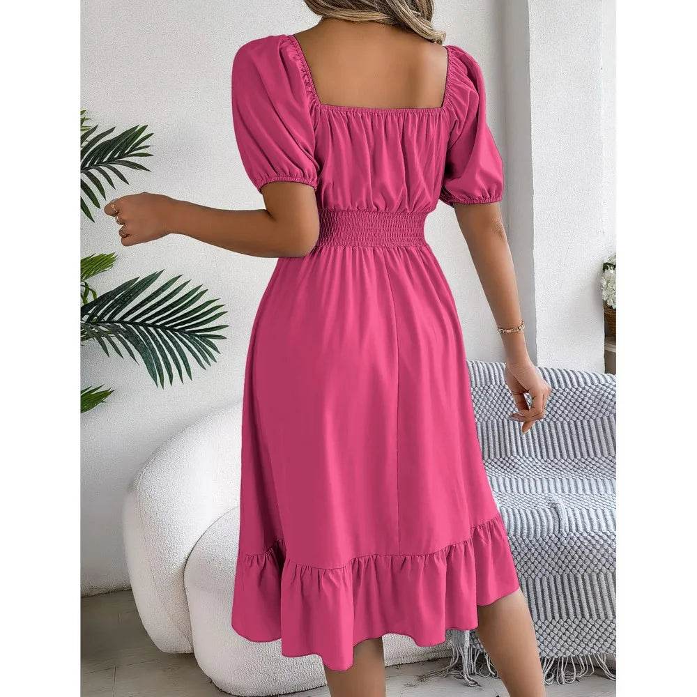 Women's Midi Dress 2024 - Elegant Square Neck and Ruffle Edge - Buy Center UK
