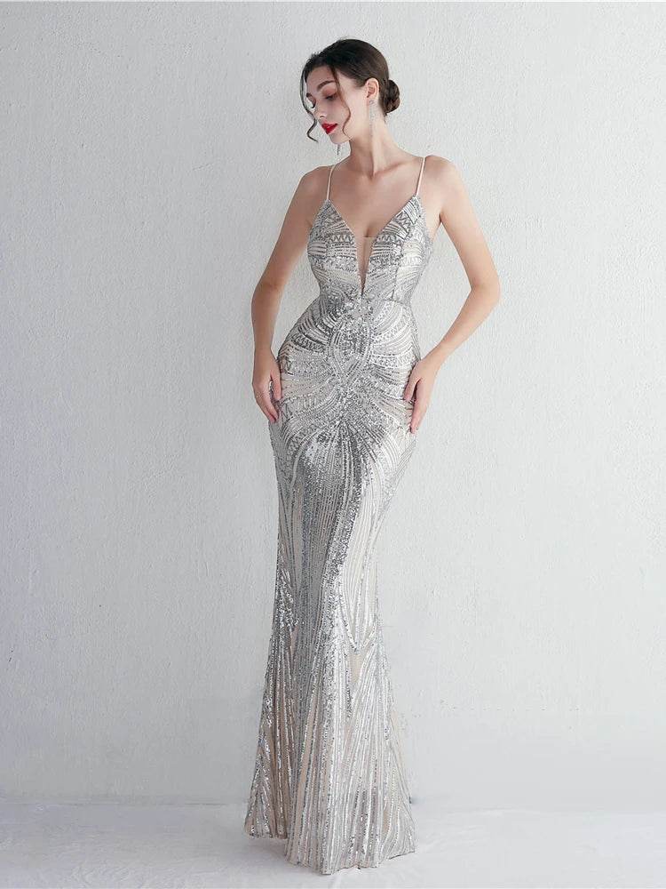 HBLL Sexy V Neck Maxi Dress - Purple Sequin Evening Gown for Parties - Buy Center UK