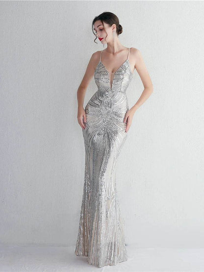 HBLL Sexy V Neck Maxi Dress - Purple Sequin Evening Gown for Parties - Buy Center UK