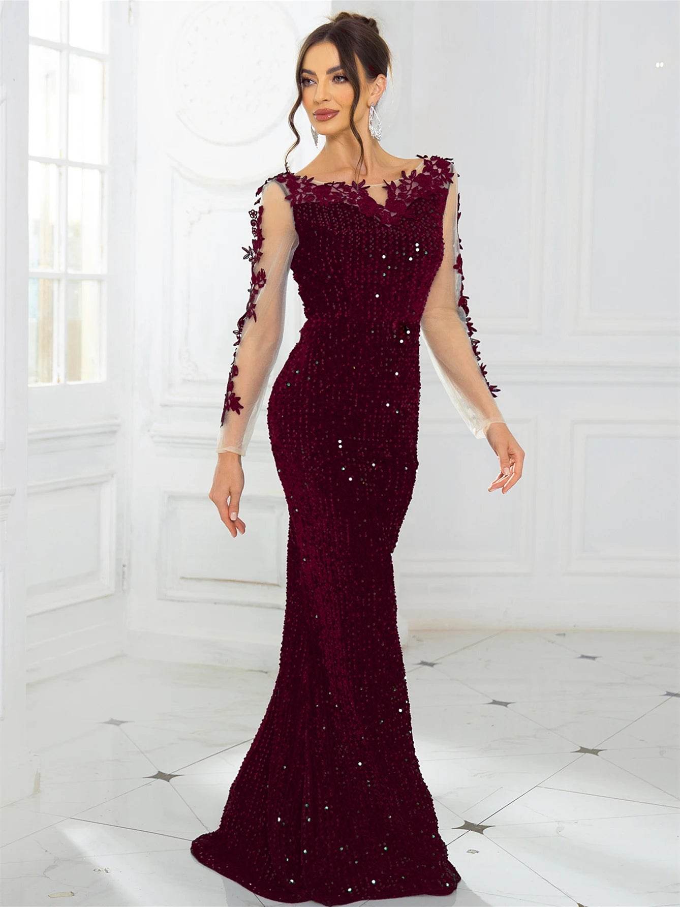 Elegant Lace Sequined Velvet Evening Dress - Backless Full Sleeves - Buy Center UK