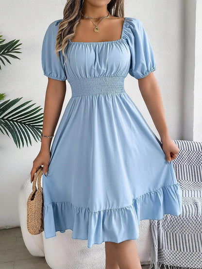 Women's Midi Dress 2024 - Elegant Square Neck and Ruffle Edge - Buy Center UK