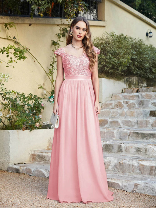 Buy Center Long Chiffon A-Line Bridesmaid Dress - Sleeveless & Floral Lace - Buy Center UK