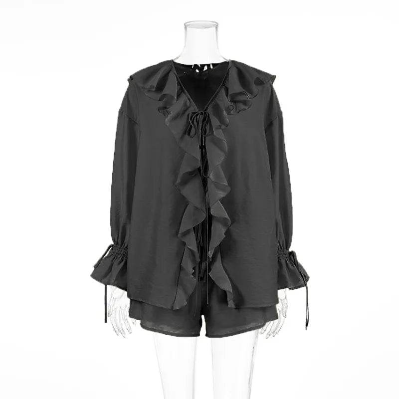 Tuularose Women's Casual Shorts Set - Ruffled Tie Top & Comfort Fit - Buy Center UK