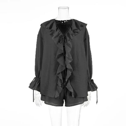 Tuularose Women's Casual Shorts Set - Ruffled Tie Top & Comfort Fit - Buy Center UK