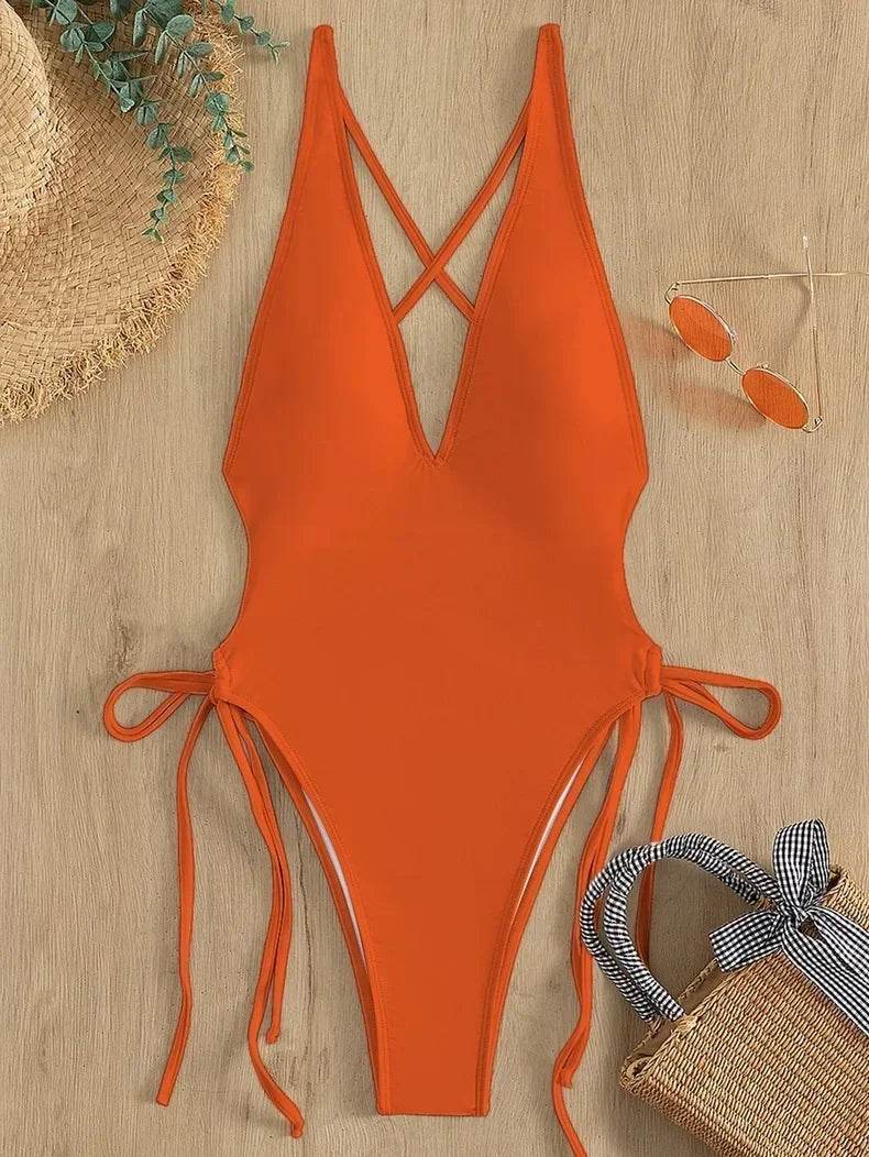 Fashion Solid Deep V Neck One Piece Swimsuit - Stylish Monokini for Women - Buy Center UK