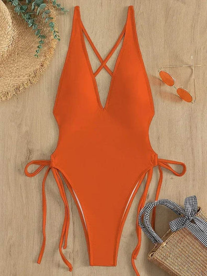 Fashion Solid Deep V Neck One Piece Swimsuit - Stylish Monokini for Women - Buy Center UK
