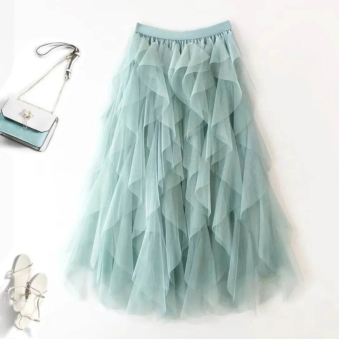 Buy Center High-Waisted A-Line Mesh Skirt - Ruffle Edge Puff Design - Buy Center UK