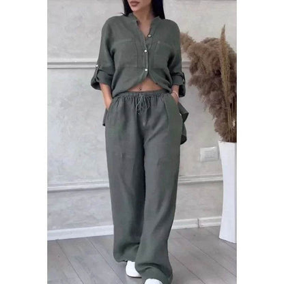 Buy Center Women's Linen Drawstring Shirt & Wide Leg Pants Set - Buy Center UK