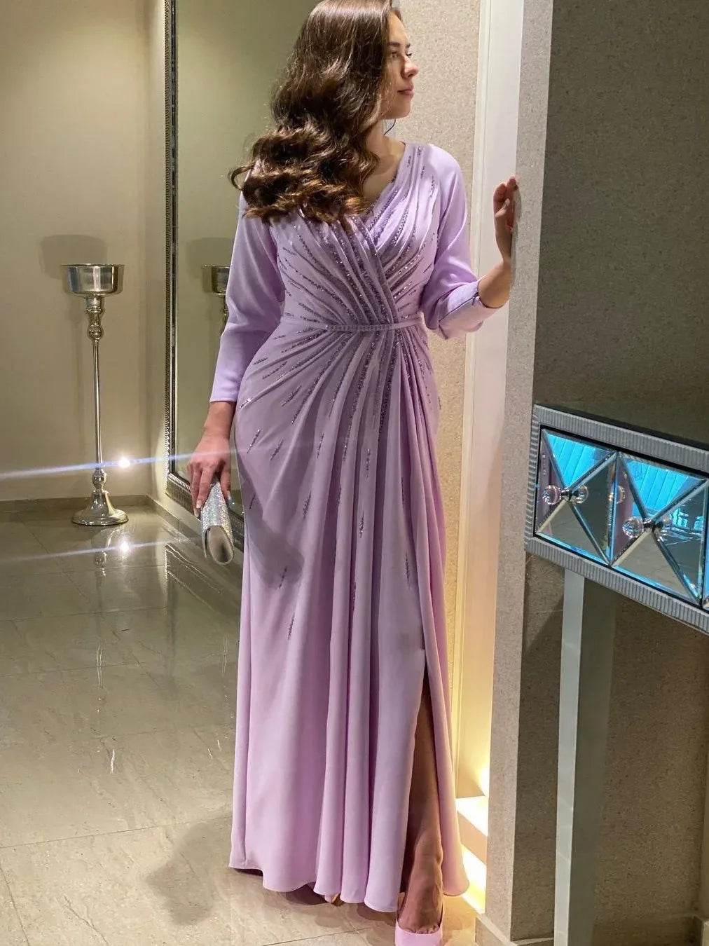 Oisslec Elegant Evening Gown - V-Neck Beaded Long Sleeve Dress - Buy Center UK