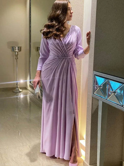Oisslec Elegant Evening Gown - V-Neck Beaded Long Sleeve Dress - Buy Center UK