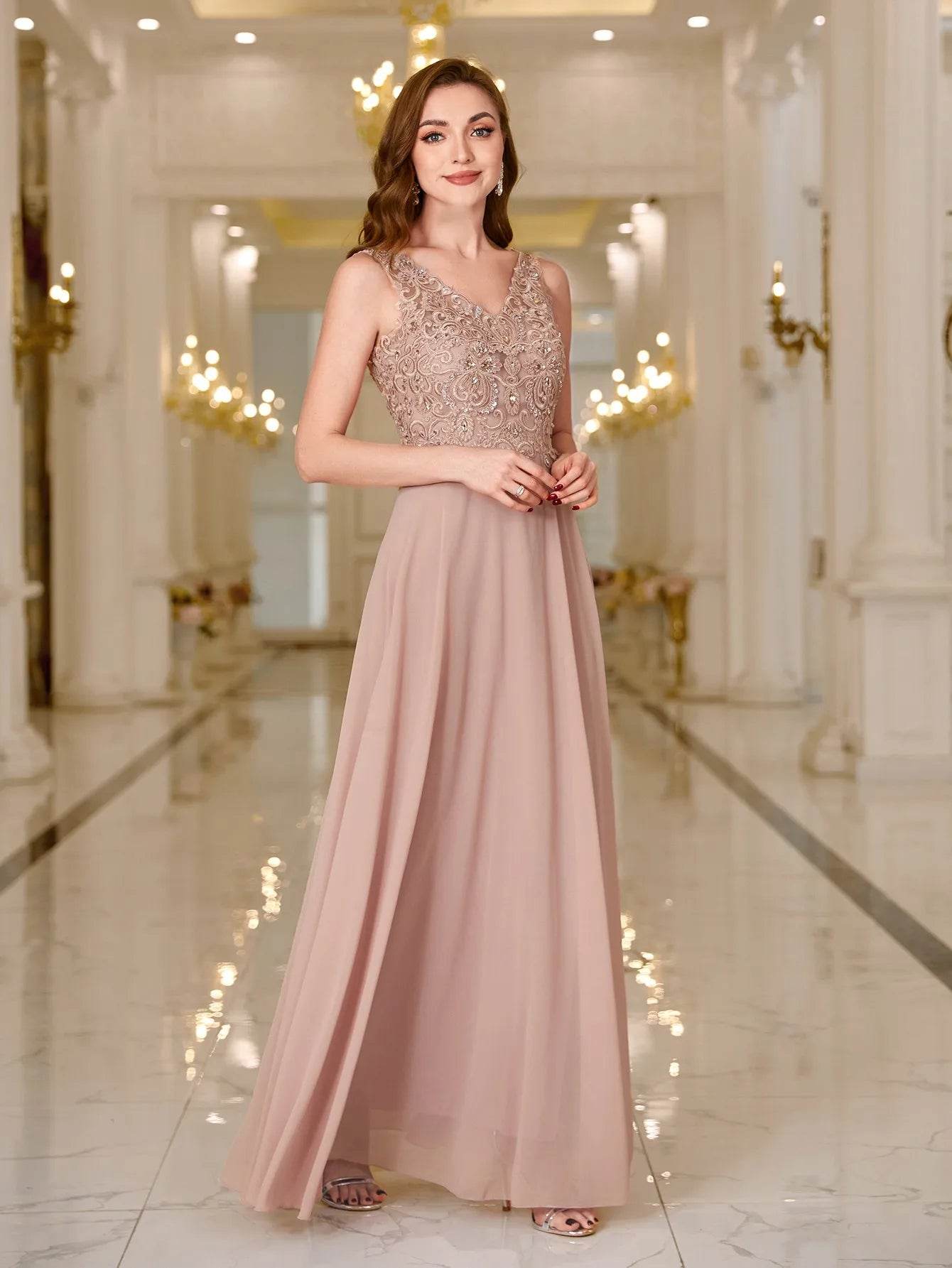 Elegant 3 Colors Evening Dress - V-Neck Lace Beaded Party Gown - Buy Center UK