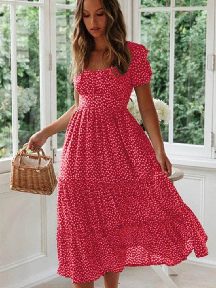 Buy Center Vintage Puff Sleeve Summer Maxi Dress - Floral Square Collar - Buy Center UK
