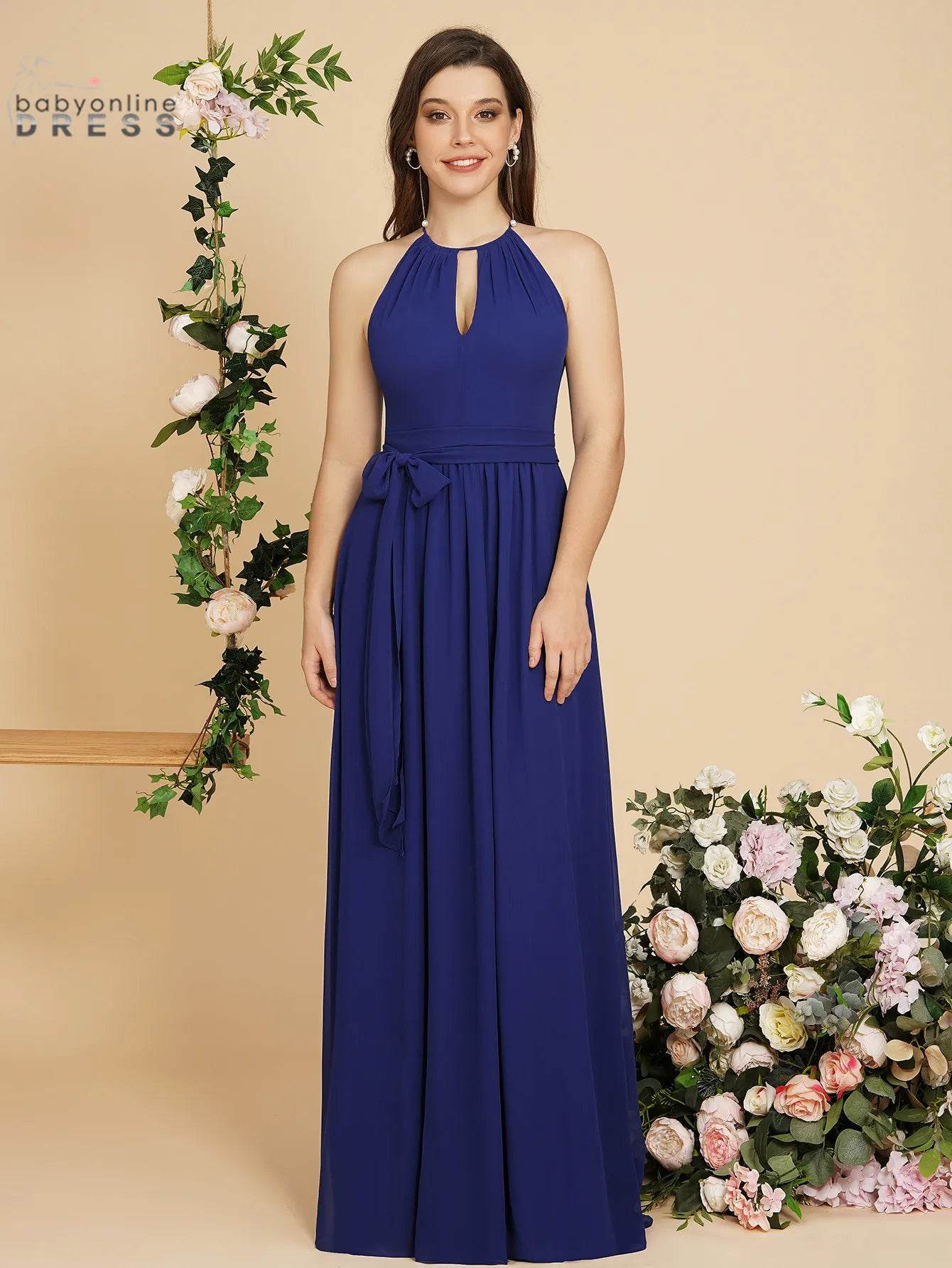 Sky Blue Halter Bridesmaid Dress - A-Line Chiffon Evening Gown - Buy Center UK