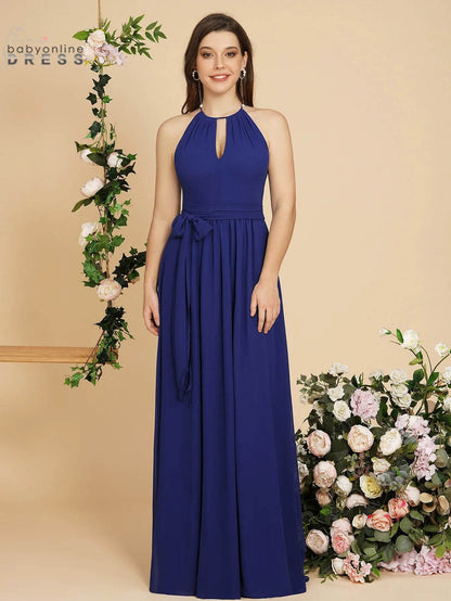 Sky Blue Halter Bridesmaid Dress - A-Line Chiffon Evening Gown - Buy Center UK
